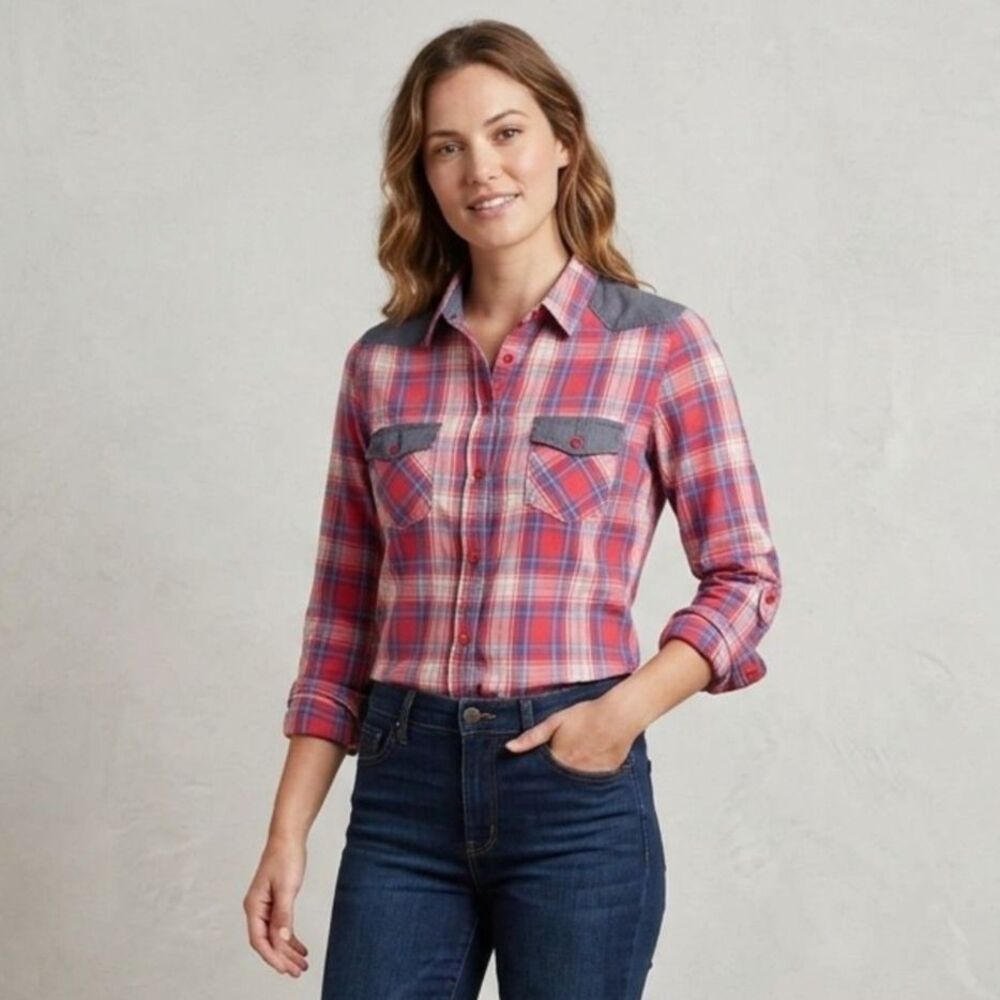 Passport Womens S Red Blue Plaid Western Snap Button Flannel Shirt S 100% Cotton